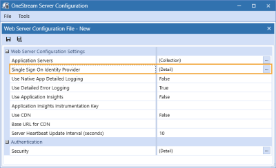 The Web Server Configuration dialog box has a grid with row headings that have a blue background with blue text and can be expanded to display fields with a white background and black text. In this example, in the Web Server Configuration Settings section, Single Sign On Identity Provider is highlighted.